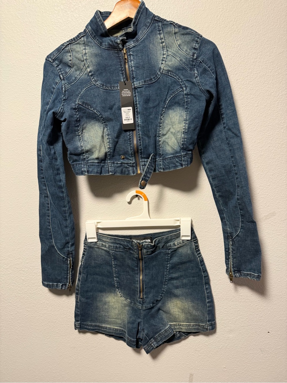 Fashion Nova Dark Blue Washed Denim Cropped Jacket & High Waist Shorts